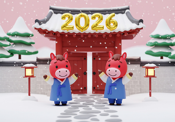 편집이미지 한국전통 건축물 계절 명절 컨셉 겨울 풍경 말_동물 전통의상 연도 파일형식 2026년 말_게임 캐릭터 새해 설경 전통 한복 축하 설날 건물 장식 모양 이미지편집 JPG 붉은말 병오년