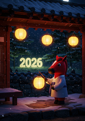 편집이미지 한국전통 계절 아시아 고건축 조명 말_동물 연도 파일형식 2026년 말_게임 캐릭터 등불 전통 한옥 겨울 이벤트 기념 한국 축제 순간 이미지편집 JPG 붉은말 병오년