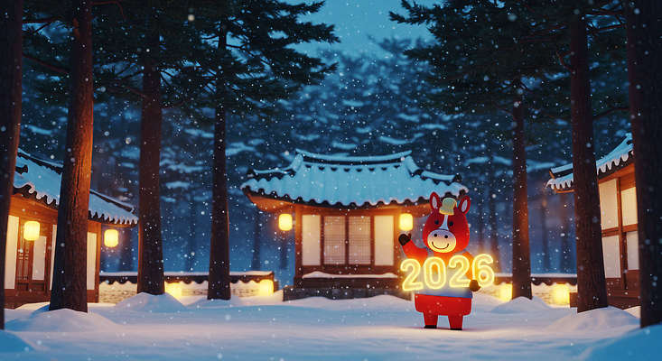 편집이미지 한국전통 계절 공공시설 아시아 동물캐릭터 고건축 말_동물 소 야간 연도 파일형식 2026년 풍경_경치 겨울 한옥 소캐릭터 전통 가로등 풍경 마을 한국 축제 야경 문화 조명 이미지편집 JPG 붉은말 병오년