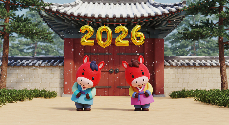 편집이미지 전통 건축물 감정 아시아 컨셉 공휴일 말_동물 감각 연도 파일형식 2026년 캐릭터 고건축 한국 축하 귀여움 전통의상 행복 축제 연휴 새해 문화 안내 포근함 이미지편집 JPG 붉은말 병오년