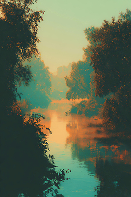 주간 자연요소 식물 감정 컬러 컨셉 물 강 태양 노을 생태계 파일형식 아침 자연 풍경 나무 햇빛 수면 반사 평화 조용 여유 강가 일출 분위기 초록색 뷰티풀 일러스트 국내일러스트 JPG