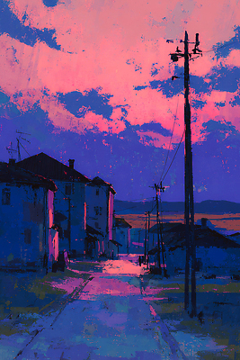 건축물 길 컬러 컨셉 교통시설 노을 야간 생태계 파일형식 저녁 마을 건물 하늘 분홍색 보라색 풍경 전선 도로 고요 자연 거리 일몰 밝음 그림자 화사함 뷰티풀 시골 일러스트 국내일러스트 JPG