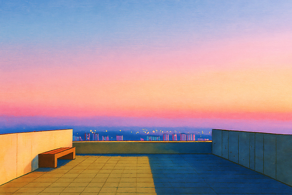 자연요소 컨셉 의자 주택 노을 도시 야간 그림 생태계 파일형식 일몰 옥상 하늘 풍경 저녁 고요 벤치 컬러 빛 아파트 도심 자연 스카이라인 뷰티풀 풍경화 평화 JPG 일러스트 국내일러스트