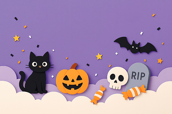 JPG 편집이미지 호박 해골 장식 장난감 보라색 축제 고양이 할로윈 페이퍼아트 오브젝트 스타 박쥐 색종이 클라우드서비스 AI포토 종이 컬러 채소 포유류 뼈 반려동물 서비스 파일형식 AI콘텐츠