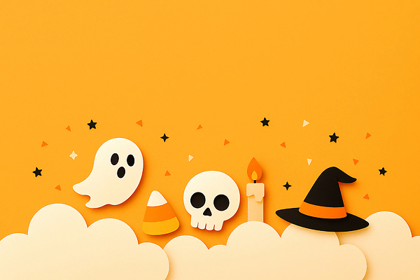 JPG 편집이미지 백그라운드 촛불 해골 사탕 장식 귀여움 초콜릿 축제 주황색 할로윈 페이퍼아트 유령 마녀모자 Halloween AI포토 모자_잡화 컬러 컨셉 초 디저트 뼈 파일형식 AI콘텐츠