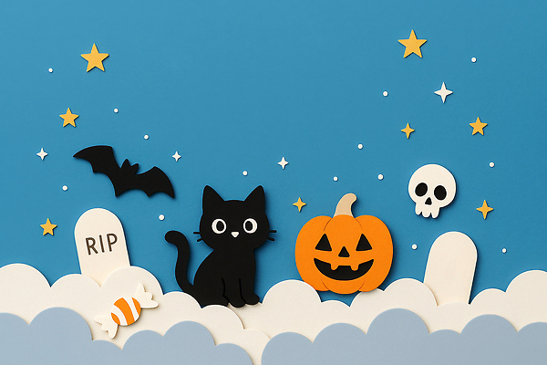 JPG 편집이미지 별 종이 백그라운드 호박 해골 이벤트 장식 파란색 귀여움 고양이 할로윈 페이퍼아트 그림 장면 박쥐 AI포토 자연요소 컬러 컨셉 채소 포유류 뼈 반려동물 파일형식 AI콘텐츠