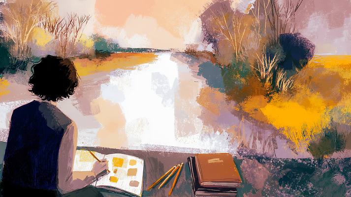 자연요소 식물 감정 모션 미술 풍경 강 감각 생태계 파일형식 강가 그림 자연 오후 물 나무 예술 창의성 편안함 여유 스케치 채색 물가 관찰 감상 그림자 컬러 뷰티풀 일러스트 국내일러스트 JPG