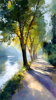 JPG 나무 길 여유 일러스트 자연 아침 휴식 풍경 물 강 햇빛 반사 평화 맑음 산책로 시간 그늘 그림 색감 오후 국내일러스트 주간 자연요소 식물 감정 컨셉 날씨 태양 생태계 파일형식