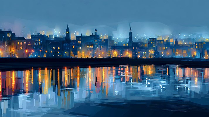 JPG 호수 물결 야경 일러스트 하늘 조명 거리 풍경 건물 물 빛 반사 평화 탑 도시 분위기 저녁 시계탑 뷰티풀 차분 국내일러스트 자연요소 건축물 컨셉 야간 파일형식 풍경_경치