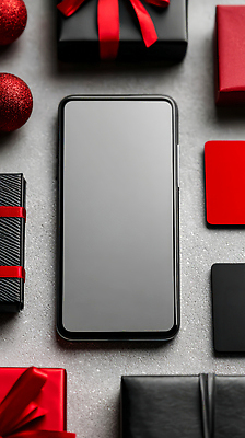 편집이미지 기념일 컬러 컨셉 포장 전자제품 핸드폰 스마트기기 파일형식 스마트폰 크리스마스 선물 장식 빨간색 리본 오브젝트 백그라운드 중앙 분위기 포장지 기계 디자인 모던 이미지편집 JPG