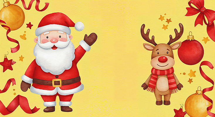 계절 기념일 감정 백그라운드 크리스마스 관계 모션 표정 이벤트 노란색 파일형식 산타클로스 순록 노란배경 손짓 미소 장식 따뜻함 행복 겨울 축제 가족 사랑 연말 선물 일러스트 국내일러스트 JPG