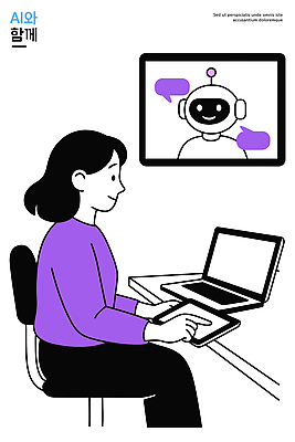 캐릭터 손 의자 일러스트 탁자 기술 표정 대화 사람 노트북 컴퓨터 스크린 정보 즐거움 상담 온라인 소통 상호작용 AI_인공지능 국내일러스트 AI파일 감정 가구 컨셉 말하기 신체부위 전자제품 파일형식 벡터