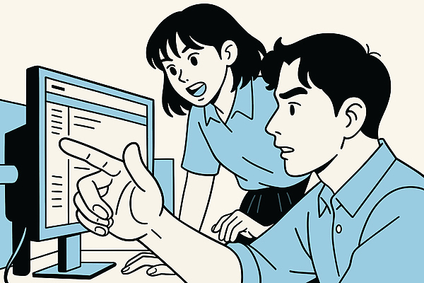 컨셉 회사 비즈니스 관계 모션 말하기 사람 전자제품 연도 파일형식 벡터 컴퓨터 스크린 대화 남자 여자 사무실 집중 설명 협력 정보 기술 친구 아이디어 소통 2023년 직장 커뮤니케이션 교육 일러스트 국내일러스트 AI파일