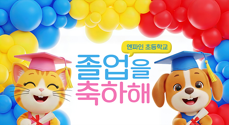 JPG 편집이미지 캐릭터 행복 어린이 컬러 졸업 학교 졸업식 이벤트 장식 고양이 축하 강아지 즐거움 풍선 이미지편집 교육 감정 컨셉 포유류 사람 반려동물 개 파일형식