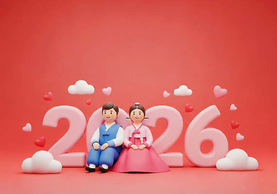 JPG 편집이미지 캐릭터 디자인 커플 행복 문화 한국 사랑 장식 빨간색 만남 한복 2026년 편집3D 한국전통 감정 아시아 컬러 컨셉 관계 3D 전통의상 연도 파일형식
