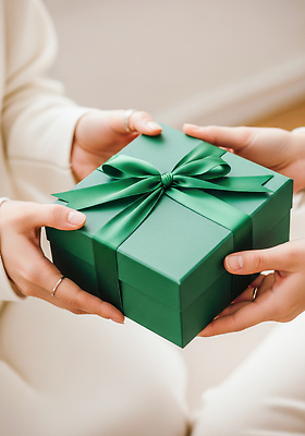 JPG 편집이미지 행복 리본 포장 선물 두명 초록색 상자 희망 기쁨 만남 축하 소중 순간 편집실사 감정 컬러 컨셉 사람 CG 파일형식