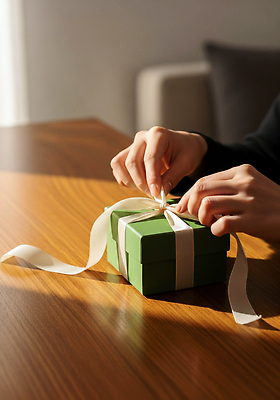 JPG 편집이미지 손 감정 리본 포장 실내 따뜻함 선물 초록색 햇빛 집중 나무탁자 정성 편집실사 컬러 컨셉 탁자 내부 신체부위 태양 CG 파일형식