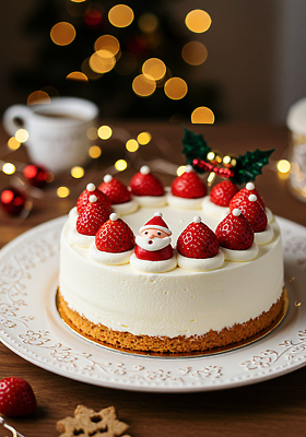 기념일 음식 가구 컨셉 크리스마스 과일 디저트 이벤트 CG 파일형식 케이크 딸기 산타클로스 장식 요리 탁자 축제 식사 파티 연말 분위기 편집이미지 편집실사 JPG