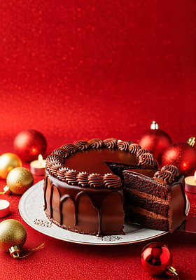 기념일 음식 컬러 디저트 이벤트 제과제빵 케이크 CG 파일형식 크리스마스 초코케이크 생일케이크 초콜릿 장식 파티 구슬 빨간색 금색 조명 제빵 음료 편집이미지 편집실사 JPG