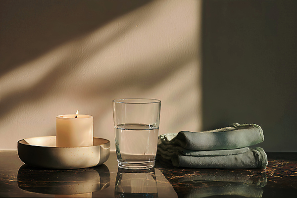 자연요소 식기 컨셉 초 내부 라이프 위생용품 감각 야간 CG 파일형식 세면대 촛불 잔 물 수건 따뜻함 저녁 빛 분위기 실내 오브젝트 편안함 일상 가정 휴식 편집실사 편집이미지 JPG