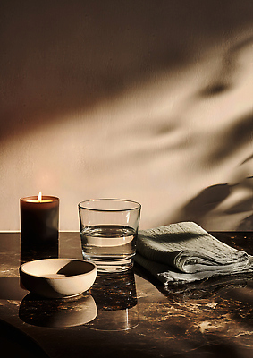 디자인 가구 컨셉 초 라이프 컵 위생용품 상점 감각 CG 파일형식 탁자 촛불 물컵 수건 그림자 고요 편안함 인테리어 카페 조명 풍경 일상 오브젝트 분위기 편집실사 편집이미지 JPG