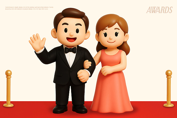 PSD 편집이미지 캐릭터 커플 드레스 여자 남자 포즈 정장 이벤트 귀여움 축제 축하 레드카펫 손흔들기 시상식 연말 편집3D 옷 컨셉 관계 모션 사람 3D 파일형식