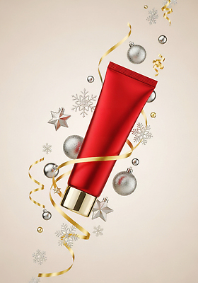 편집이미지 기념일 컬러 크리스마스장식 모션 뷰티 파일형식 크림 튜브 빨간색 장식 크리스마스 오너먼트 은색 리본 반짝임 백그라운드 뷰티풀 화장품 축제 선물 JPG 이미지편집
