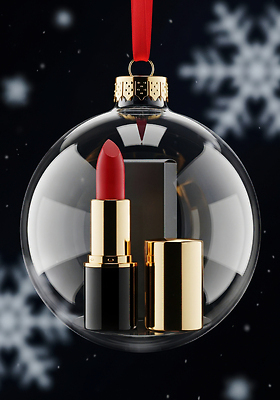 편집이미지 기념일 컬러 컨셉 눈_날씨 뷰티 화장품 감각 파일형식 크리스마스 장식 립스틱 고급 구슬 눈송이 포장 빨간색 금색 매력적 화려 부드러움 스타일 JPG 이미지편집