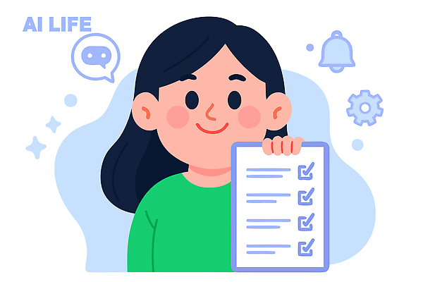 디자인 백그라운드 일러스트 모션 미래 기술 표정 관리 웃음 소녀 일상 정보 기록 작업 확인 준비 소통 체크리스트 AI_인공지능 국내일러스트 AI파일 여자 어린이 컨셉 라이프 파일형식 벡터