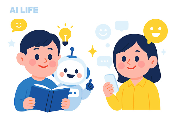 캐릭터 행복 감정 일러스트 동화 기술 대화 웃음 사람 일상 책 스마트폰 디지털 만남 교양 로봇 즐거움 소통 창의성 AI_인공지능 국내일러스트 AI파일 컨셉 표정 말하기 라이프 핸드폰 스마트기기 파일형식 벡터