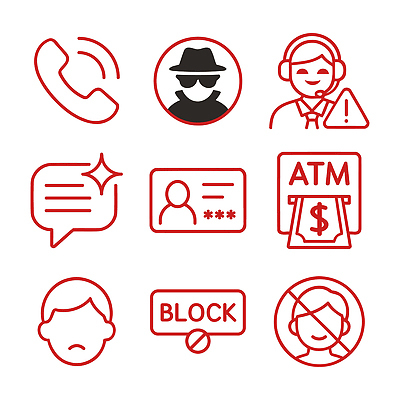 아이콘 경고 피해 사기그릇 위험 공격 확인 보고서 예방 통화 ATM 보이스피싱 사기꾼 신원 차단 2D아이콘 AI파일 그릇 컨셉 모션 피싱 파일형식 벡터