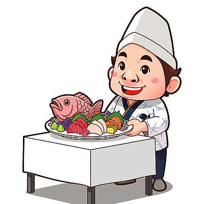 직업 캐릭터 식기 음식 가구 컨셉 표정 식당 수중동물 해산물 파일형식 벡터 요리사 어류 요리 탁자 접시 식사 미소 신선 재료 해물요리 외식 레스토랑 서비스 주방 맛 색감 일본음식 일러스트 일러캐릭터 AI파일
