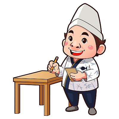 직업 캐릭터 가구 학용품 표정 라이프 필기구 상점 사무용품 파일형식 벡터 요리사 식당 주문 메모지 연필 웃음 탁자 주방 서비스 요리 고객 식사 레시피 전문 작업 일상 준비 음식 일러스트 일러캐릭터 AI파일