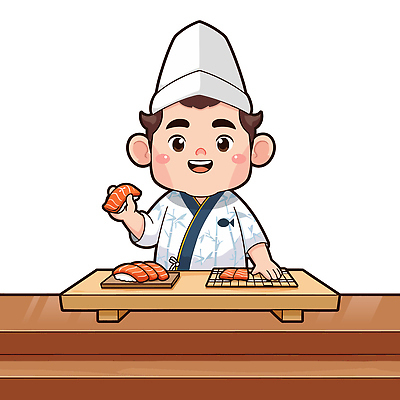 직업 캐릭터 아시아 컨셉 수중동물 일본음식 파일형식 벡터 초밥 요리사 일본 요리 어류 음식 신선 재료 준비 주방 기술 고객 전통 맛 식사 서빙 상점 일러스트 일러캐릭터 AI파일