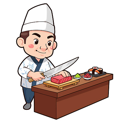 직업 캐릭터 음식 생활용품 유니폼 탁자 수중동물 일본음식 파일형식 벡터 초밥 장인 어류 요리 칼 주방 식사 재료 요리사 조리복 주방용품 식탁 맛있는 일러스트 일러캐릭터 AI파일