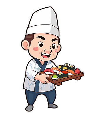 직업 캐릭터 감정 음식 유니폼 표정 일본음식 파일형식 벡터 초밥 요리사 쟁반 웃음 요리 해산물 식사 즐거움 전통 주방 조리복 유머 일러스트 일러캐릭터 AI파일