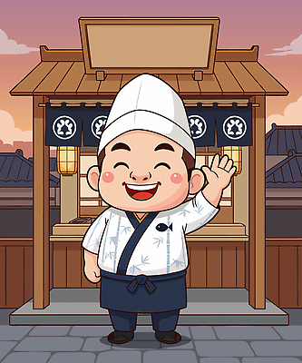 자연요소 캐릭터 옷 감정 아시아 컨셉 모션 표정 상점 요리사 파일형식 벡터 주방장 노점 미소 전통 유니폼 손흔들기 백그라운드 노을 귀여움 음식 거리 사람 일본 문화 요리 환영 행복 점포 일러스트 일러캐릭터 AI파일