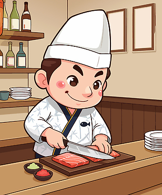 직업 캐릭터 생활용품 사람 라이프 수중동물 위생 일본음식 파일형식 벡터 초밥 요리사 어류 손질 주방 음식 요리 재료 기술 청결 일상 전문 남자 주방용품 준비 컬러 그림 해산물 일러스트 일러캐릭터 AI파일