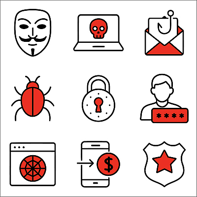 아이콘 컴퓨터 범죄 이메일 바이러스 암호 보안 해킹 피싱 2D아이콘 AI파일 안전 전자제품 파일형식 벡터