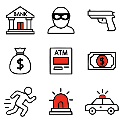 아이콘 돈 경고 총 범죄 도둑 절도 탈출 위협 소음 돈가방 경찰차 ATM 2D아이콘 AI파일 무기 컨셉 가방 자동차 소리 재산 범죄인 파일형식 벡터