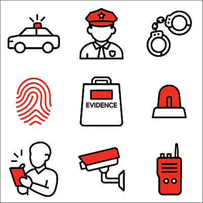 아이콘 안전 범죄 경찰 수갑 보안 증거 무전기 감시카메라 경찰차 경고등 수사 지문 2D아이콘 AI파일 직업 자동차 무선통신 카메라 파일형식 벡터