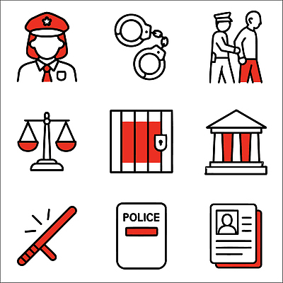 아이콘 범죄 경찰 국기 수갑 법 질서 공무원 단속 법정 체포 권리 2D아이콘 AI파일 직업 예절 파일형식 벡터