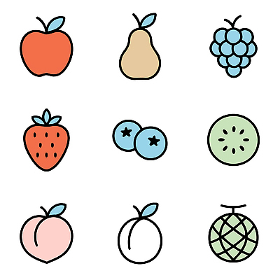 아이콘 컬러 과일 딸기 포도 키위 신선 사과 멜론 그림 블루베리 복숭아 뷰티풀 2D아이콘 AI파일 파일형식 벡터