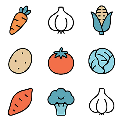 아이콘 디자인 컬러 토마토 채소 과일 양파 감자 옥수수 농작물 당근 신선 브로콜리 양배추 고구마 2D아이콘 AI파일 농업 곡류 뿌리채소 파일형식 벡터