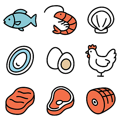 아이콘 음식 재료 조개 새우 육류 어류 요리 계란 식사 신선 닭 해산물 준비 건강식 2D아이콘 AI파일 식재료 조류 어패류 갑각류 알 수중동물 파일형식 벡터