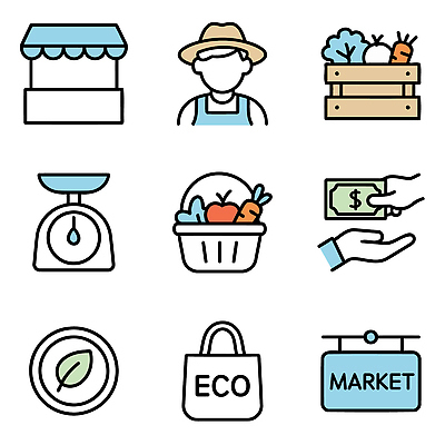 아이콘 돈 채소 과일 저울 농작물 판매 거래 신선 시장 구매 농부 고객 장바구니 2D아이콘 AI파일 직업 농업 쇼핑 바구니 재산 파일형식 벡터