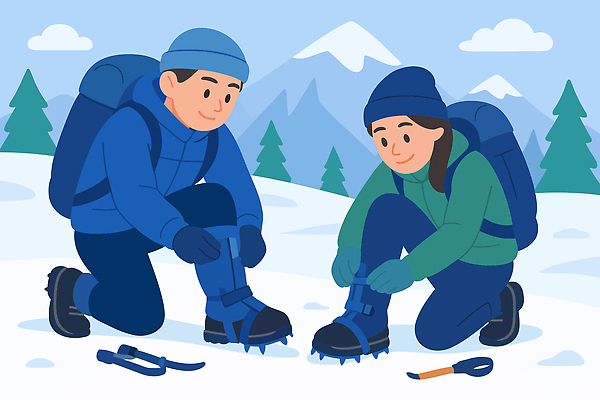 나무 여자 남자 겨울 가방 일러스트 모션 겨울스포츠 산 아웃도어 안전 풍경 등산 등산객 준비 아이젠 산맥 국내일러스트 AI파일 식물 잡화 계절 스포츠 사람 트래킹 등산용품 파일형식 벡터