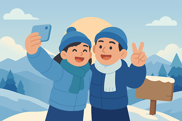 커플 옷 감정 컬러 백그라운드 겨울 일러스트 모션 자연 하늘 산 미소 웃음 캐주얼 친구 스마트폰 셀프카메라 즐거움 국내일러스트 AI파일 계절 관계 표정 핸드폰 스마트기기 사진촬영 생태계 파일형식 벡터