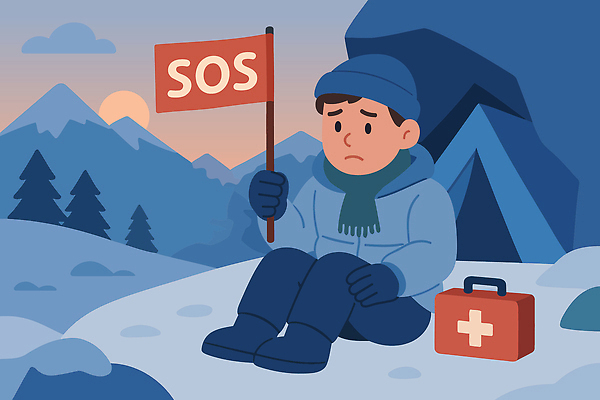 겨울 일러스트 자연 산 안전 소년 야외 약 캠핑 장비 긴급 도움 구출 불안 신호 sos 고립 헬프 혼자 국내일러스트 AI파일 계절 남자 감정 어린이 컨셉 의학 레저 생태계 구조요청 파일형식 벡터