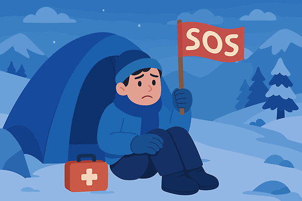 남자 겨울 일러스트 날씨 산 텐트 야외 피해 캠핑 긴급 도움 표어 구출 좌절 고독 위험 sos 구조요청 긴급상황 생존 국내일러스트 AI파일 계절 감정 컨셉 레저 캠핑도구 사람 파일형식 벡터